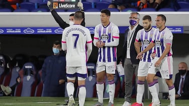 HUESCA, SPAIN - OCTOBER 18: Marcos Andre of Real Valladolid replaces Sergi Guardiola of Real Valladolid during the La Liga Santader match between SD Huesca and Real Valladolid CF at Estadio El Alcoraz on October 18, 2020 in Huesca, Spain. Football Stadium