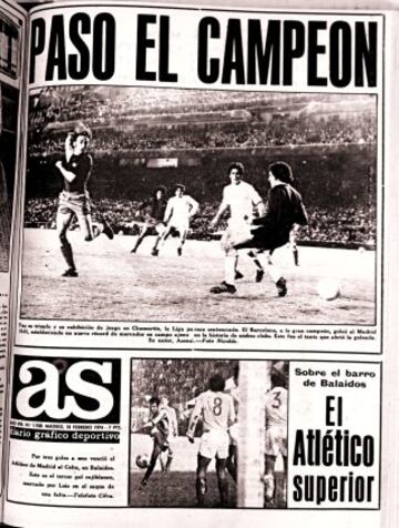 Portada del 18 de febrero de 1974 de Diario AS. El Barcelona ganó 0-5 al Real Madrid en el estadio Santiago Bernabéu con Cruyff liderando al equipo. Los azulgrana ganarían la Liga a falta de cinco jornadas para su conclusión.