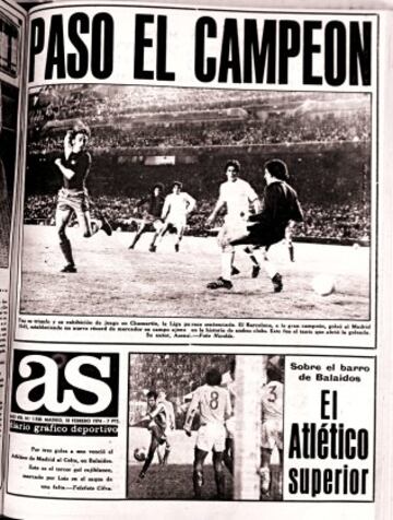 Portada del 18 de febrero de 1974 de Diario AS. El Barcelona gan 0-5 al Real Madrid en el estadio Santiago Bernabu con Cruyff liderando al equipo. Los azulgrana ganaran la Liga a falta de cinco jornadas para su conclusin.