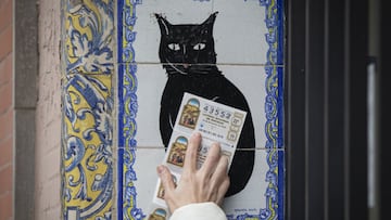 Una persona pasa varios  d&eacute;cimos de loter&iacute;a de Navidad por el azulejo de la administraci&oacute;n &#039;El gato negro&#039;. En Sevilla (Andaluc&iacute;a, Espa&ntilde;a), a 18 de diciembre de 2020.
 18 DICIEMBRE 2020
 Mar&iacute;a Jos&eacute; L&oacute;pez / Europa Press
 18/12/2020