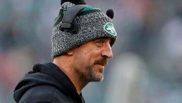 EAST RUTHERFORD, NEW JERSEY - NOVEMBER 24: Aaron Rodgers #8 of the New York Jets looks on from the sideline prior to the game against the Miami Dolphins at MetLife Stadium on November 24, 2023 in East Rutherford, New Jersey.   Rich Schultz/Getty Images/AFP (Photo by Rich Schultz / GETTY IMAGES NORTH AMERICA / Getty Images via AFP)