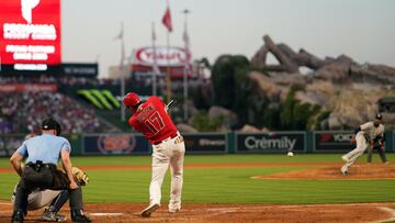 Jul 18, 2023; Anaheim, California, USA; Los Angeles Angels designated hitter Shohei Ohtani (17) follows through on a triple against New York Yankees starting pitcher Domingo German (0) in the fifth inning at Angel Stadium. Mandatory Credit: Kirby Lee-USA TODAY Sports