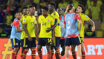Jugadores de la Selección Colombia celebrando el histórico triunfo 2-1 sobre Brasil en las Eliminatorias Sudamericanas.