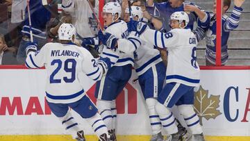 Oct 12, 2016; Ottawa, Ontario, CAN; Toronto Maple Leafs ccenter Auston Matthews celebrates his first NHL goal in the first period against the Ottawa Senators at Canadian Tire Centre. Mandatory Credit: Marc DesRosiers-USA TODAY Sports TPX IMAGES OF THE DAY