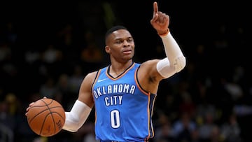 DENVER, CO - OCTOBER 10: Russell Westbrook #0 of the Oklahoma City Thunder brings the ball down the court against the Denver Nuggets at the Pepsi Center on October 10, 2017 in Denver, Colorado.   Matthew Stockman/Getty Images/AFP
 == FOR NEWSPAPERS, INTERNET, TELCOS &amp; TELEVISION USE ONLY ==