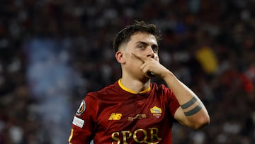 AS Roma's Paulo Dybala celebrates his goal against Sevilla in the Europa League final.