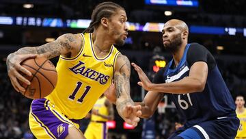 Jan 6, 2019; Minneapolis, MN, USA; Los Angeles Lakers forward Michael Beasley (11) dribbles past Minnesota Timberwolves forward Taj Gibson (67) during the first quarter at Target Center. Mandatory Credit: Brace Hemmelgarn-USA TODAY Sports