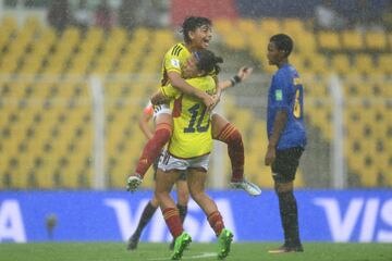 GOA, INDIA - OCTOBER 22: Yesica Paola Muñoz Rojas of Colombia celebrates the second goall during the FIFA U-17 Women's World Cup 2022 Quarter-final, match between Colombia and Tanzania at Pandit Jawaharlal Nehru Stadium on October 22, 2022 in Goa, India. (Photo by Masashi Hara  - FIFA/FIFA via Getty Images)