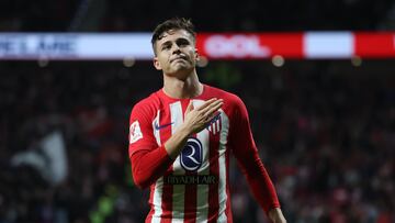 MADRID, 29/10/2023.- El centrocampista del Atlético de Madrid, Rodrigo Riquelme, celebra el primer gol del equipo rojiblanco durante el encuentro correspondiente a la jornada once de primera división que disputan hoy domingo frente al Alavés en el estadio Metropolitano, en Madrid. EFE / Kiko Huesca.