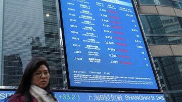 A woman walks in front of a screen displaying Evergrande's stock prices among others outside the Exchange Square, after a court ordered the liquidation of China Evergrande Group, in Hong Kong, China January 29, 2024. REUTERS/Lam Yik