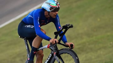 Italy&#039;s Filippo Ganna competes in the Men&#039;s Elite Individual Time Trial at the UCI 2020 Road World Championships in Imola, Emilia-Romagna, Italy, on September 25, 2020. (Photo by Marco BERTORELLO / AFP)