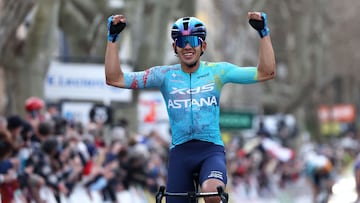 XDS Astana Team's Colombian rider Harold Tejada celebrates as he crosses the finish line to win the 6th stage of the Paris-Nice cycling race, 179.3 km between Barbentane and Apt, on March 13, 2026. (Photo by Anne-Christine POUJOULAT / AFP)
