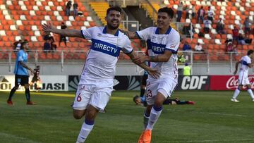 Futbol, Deportes Iquique vs Universidad Catolica  Quinta fecha, campeonato Scotiabank 2018  El jugador de Universidad Catolica Cesar Fuentes, izquierda derecha centro, celebra su gol contra Deportes Iquique durante el partido de primera division disputado