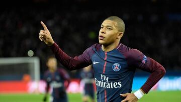 Paris Saint-Germain&#039;s French striker Kylian Mbappe celebrates scoring his team&#039;s fourth goal during the UEFA Champions League Group B football match between Paris Saint-Germain (PSG) and Glasgow Celtic at Parc des Princes Stadium in Paris on Nov