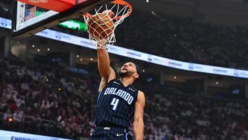 CLEVELAND, OHIO - APRIL 20: Jalen Suggs #4 of the Orlando Magic dunks during the first quarter game one of the Eastern Conference First Round Playoffs against the Cleveland Cavaliers at Rocket Mortgage Fieldhouse on April 20, 2024 in Cleveland, Ohio.