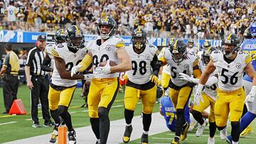 INGLEWOOD, CALIFORNIA - OCTOBER 22: T.J. Watt #90 of the Pittsburgh Steelers celebrates an interception during the third quarter against the Los Angeles Rams at SoFi Stadium on October 22, 2023 in Inglewood, California. Harry How/Getty Images/AFP (Photo by Harry How / GETTY IMAGES NORTH AMERICA / Getty Images via AFP)
