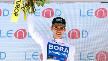 MALBUM, SWITZERLAND - JUNE 18: Sergio Andres Higuita Garcia of Colombia and Team Bora - Hansgrohe celebrates winning the white best young jersey on the podium ceremony after the 85th Tour de Suisse 2022 - Stage 7 a 194,6km stage from Ambri to Malbun 1560m / #tourdesuisse2022 / #WorldTour / on June 18, 2022 in Malbun, Switzerland. (Photo by Tim de Waele/Getty Images)
