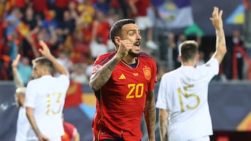 Soccer Football - UEFA Nations League - Semi Final - Spain v Italy - De Grolsch Veste, Enschede, Netherlands - June 15, 2023 Spain's Joselu celebrates scoring their second goal REUTERS/Wolfgang Rattay