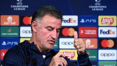 Paris Saint-Germain's French head coach Christophe Galtier attends a press conference at the Parc des Princes stadium in Paris on October 10, 2022 on the eve of their UEFA Champions League football match against Benfica. (Photo by FRANCK FIFE / AFP)