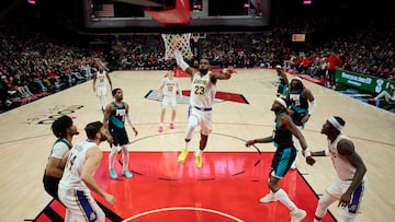 Jan 17, 2026; Portland, Oregon, USA; Los Angeles Lakers forward LeBron James (23) drives to the basket for a slam dunk during the first half against the Portland Trail Blazers at Moda Center. Mandatory Credit: Troy Wayrynen-Imagn Images