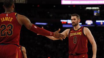 Apr 9, 2018; New York, NY, USA; Cleveland Cavaliers center Kevin Love (0) celebrates with Cavaliers forward LeBron James (23) against the New York Knicks during the first half at Madison Square Garden. Mandatory Credit: Adam Hunger-USA TODAY Sports