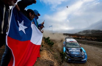 Finnish Teemu Suninen driver steers his M-Sport Ford WRC with his compatriot co-driver Marko Salminen during the SS12 of the WRC Chile 2019 near Pelun, Chile on May 11, 2019. (Photo by MARTIN BERNETTI / AFP)