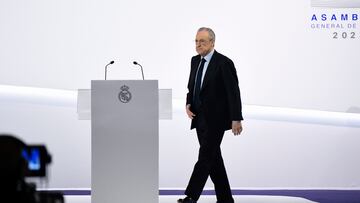 MADRID (ESPAÑA), 11/11/2023.- El presidente del club, Florentino Pérez durante la Asamblea General del Real Madrid en la ciudad deportiva de Valdebebas. EFE/ Victor Lerena
