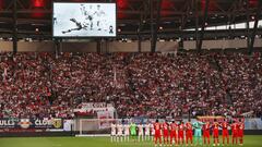 LEIPZIG, GERMANY - JULY 30: A general view as RB Leipzig and Bayern Munich line up prior to kick off of the Supercup 2022 match between RB Leipzig and FC Bayern München at Red Bull Arena on July 30, 2022 in Leipzig, Germany. (Photo by Martin Rose/Getty Images)