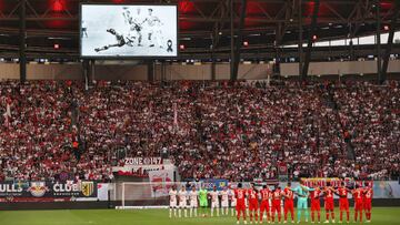 LEIPZIG, GERMANY - JULY 30: A general view as RB Leipzig and Bayern Munich line up prior to kick off of the Supercup 2022 match between RB Leipzig and FC Bayern München at Red Bull Arena on July 30, 2022 in Leipzig, Germany. (Photo by Martin Rose/Getty Images)