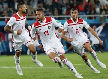 Youssef En-Nesyri celebrates after putting Morocco 2-1 up against Spain.