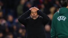 MANCHESTER, ENGLAND - APRIL 11: Manchester City manager Josep Guardiola reacts during the UEFA Champions League quarterfinal first leg match between Manchester City and FC Bayern Münich at Etihad Stadium on April 11, 2023 in Manchester, United Kingdom. (Photo by Marc Atkins/Getty Images)