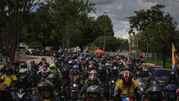BOGOTA, COLOMBIA - NOVEMBER 23: A group of Motorcyclists gather to protest the rising cost of fuel prices and more options to buy the obligatory third-party insurance in Bogota, Colombia, Wednesday, Nov. 23, 2022. The mobilization of motorcyclists is based on more options to buy the Soat (Obligatory third-party insurance), demands on what they consider to be a persecution by the Police, maintenance of the road network that causes high levels of accidents, among others. (Photo by Juancho Torres/Anadolu Agency via Getty Images)