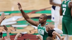 BOSTON, MASSACHUSETTS - JUNE 17: Al Horford #42 of the Boston Celtics celebrates during the fourth quarter of Game Five of the 2024 NBA Finals against the Dallas Mavericks at TD Garden on June 17, 2024 in Boston, Massachusetts. NOTE TO USER: User expressly acknowledges and agrees that, by downloading and or using this photograph, User is consenting to the terms and conditions of the Getty Images License Agreement.   Adam Glanzman/Getty Images/AFP (Photo by Adam Glanzman / GETTY IMAGES NORTH AMERICA / Getty Images via AFP)