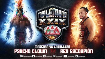Cartel de la lucha entre Psycho Clown vs Rey Escporpión en Triplemanía XXIX