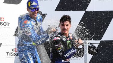 MotoGP - Emilia Romagna Grand Prix - Misano World Circuit Marco Simoncelli, Misano, Italy - September 20, 2020 Monster Energy Yamaha's Maverick Vinales celebrates by spraying sparkling wine on the podium after winning the race with second placed Team Suzu