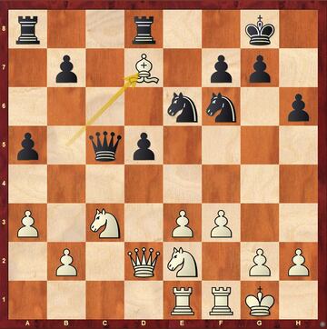 Uno de los momentos claves de la partida. Ding decide retomar en d7 con el caballo, que rápidamente viaja por b6 hasta c4, donde presiona la posición blanca.
