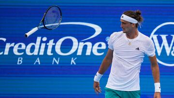 Aug 12, 2025; Cincinnati, OH, USA; Alexander Zverev (GER) tosses his racket after returning a shot against Brandon Nakashima (USA) during the Cincinnati Open at the Lindner Family Tennis Center. Mandatory Credit: Aaron Doster-Imagn Images