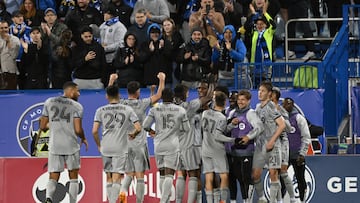 May 13, 2023; Montreal, Quebec, CAN; CF Montreal forward Chinonso Offor (9) celebrates a goal with teammates in the second half against the Toronto FC at Stade Saputo. Mandatory Credit: David Kirouac-USA TODAY Sports