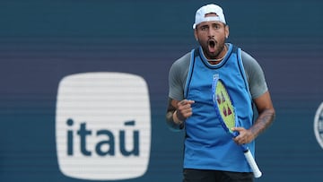 Mar 19, 2025; Miami, FL, USA; Nick Kyrgios (AUS) reacts after winning a point against Mackenzie McDonald (USA)(not pictured) on day two of the Miami Open at Hard Rock Stadium. Mandatory Credit: Geoff Burke-Imagn Images