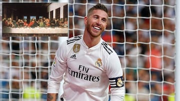 Imagen de Sergio Ramos sonriendo durante un partido con el Real Madrid al lado de la obra de 'La última cena' de Leonardo Da Vinci.
