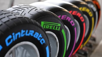 Pirelli Formula 1 tyres stand at their base in the paddock at the Baku City Circuit, on June 17, 2016 in Baku, two days ahead of the European Formula One Grand Prix. / AFP PHOTO / ANDREJ ISAKOVIC NEUMATICOS F1