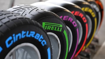 Pirelli Formula 1 tyres stand at their base in the paddock at the Baku City Circuit, on June 17, 2016 in Baku, two days ahead of the European Formula One Grand Prix.  / AFP PHOTO / ANDREJ ISAKOVIC NEUMATICOS F1