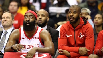 WASHINGTON, DC - NOVEMBER 26: James Harden #13 and Chris Paul #3 of the Houston Rockets (R) talk on the bench in the first half against the Washington Wizards at Capital One Arena on November 26, 2018 in Washington, DC. NOTE TO USER: User expressly acknowledges and agrees that, by downloading and or using this photograph, User is consenting to the terms and conditions of the Getty Images License Agreement.   Rob Carr/Getty Images/AFP
 == FOR NEWSPAPERS, INTERNET, TELCOS &amp; TELEVISION USE ONLY ==