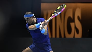 Riyadh (Saudi Arabia), 17/10/2024.- Rafael Nadal of Spain in action during his match against Carlos Alcaraz of Spain at the Six Kings Slam exhibition tennis tournament in Riyadh, Saudi Arabia, 17 October 2024. (Tenis, Arabia Saudita, España) EFE/EPA/STR