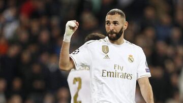 06 November 2019, Spain, Madrid: Real Madrid's Karim Benzema celebrates scoring his side's fifth goal during the UEFA Champions League Group A soccer match between Real Madrid FC and Galatasaray SK at the Santiago Bernabeu. Photo: Manu Reino/SOP