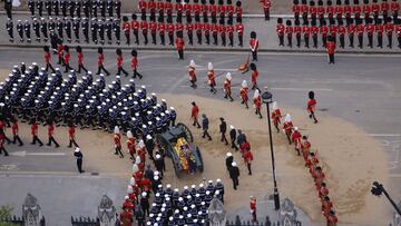 Procession on the day of the state funeral and burial of Britain's Queen Elizabeth in London, Britain, September 19, 2022.   The UK Armed Forces have played a part in the procession for Her Majesty The Queen’s funeral and committal service today, in London and Windsor.  Marking the end to 10 days of proceedings, service personnel representing a variety of regiments, ships and air stations that held a special relationship with Her Majesty The Queen took part in the funeral processions in London and Windsor.  Around 4,000 regular and reserve soldiers, sailors, marines and aviators, as well as musicians from Armed Forces bands, took part in the proceedings today. This included over 3,000 military personnel in central London, with 1,650 personnel forming part of the procession from the Palace of Westminster to Westminster Abbey and procession from Westminster Abbey to Wellington Arch.  In Windsor, over 1,000 military personnel were involved in ceremonial activity, including 410 taking part in the procession from Albert Road, Windsor, to St George’s Chapel, Windsor Castle.    Wo1 Rupert Frere/Pool via REUTERS