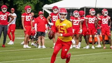 Kansas City Chiefs quarterback Patrick Mahomes (15) drops back to pass during Missouri Western State University training camp.