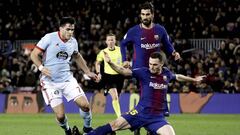 Thomas Vermaelen realiza una entrada sobre Maxi G&oacute;mez durante el partido entre el Barcelona y el Celta.