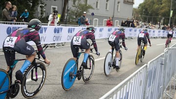 Cyclists of the team Canyon SRAM Racing of Germany compete in the women's elite Team Time Trial (TTT) road race during the UCI Cycling Road World Championships on September 23, 2018 in Innsbruck, Austria. (Photo by Reinhard EISENBAUER / various sources / AFP) / Austria OUT
