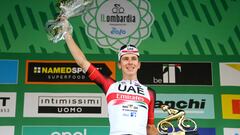 COMO, ITALY - OCTOBER 08: Tadej Pogacar of Slovenia and UAE Team Emirates celebrates at podium as race winner during the 116th Il Lombardia 2022 a 253km one day race from Bergamo to Como / #iLombardia / on October 08, 2022 in Como, Italy. (Photo by Tim de Waele/Getty Images)